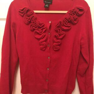 Red Moon, 100% Cashmere, Ruffle Front Red Cardigan, Size M